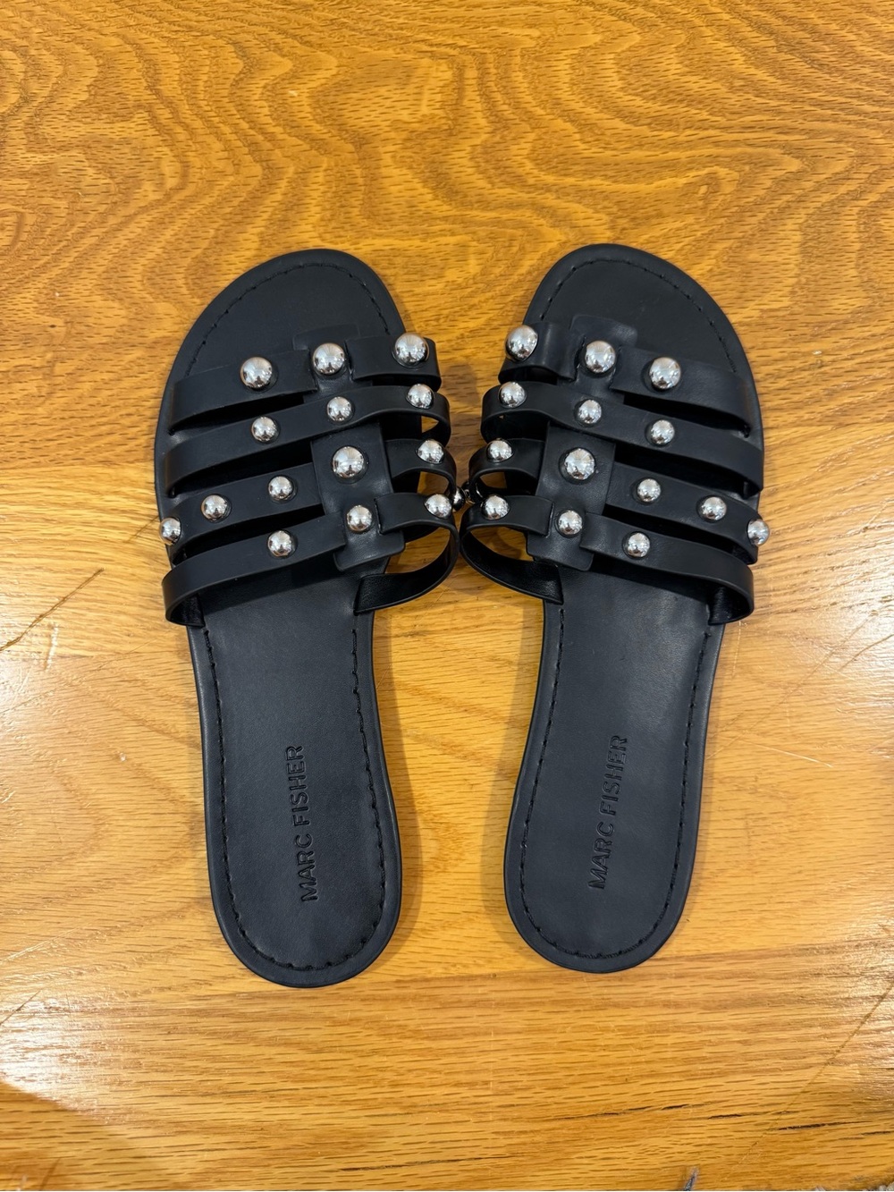 Marc Fisher Women’s Black Studded Multi-Strap Slide Sandals